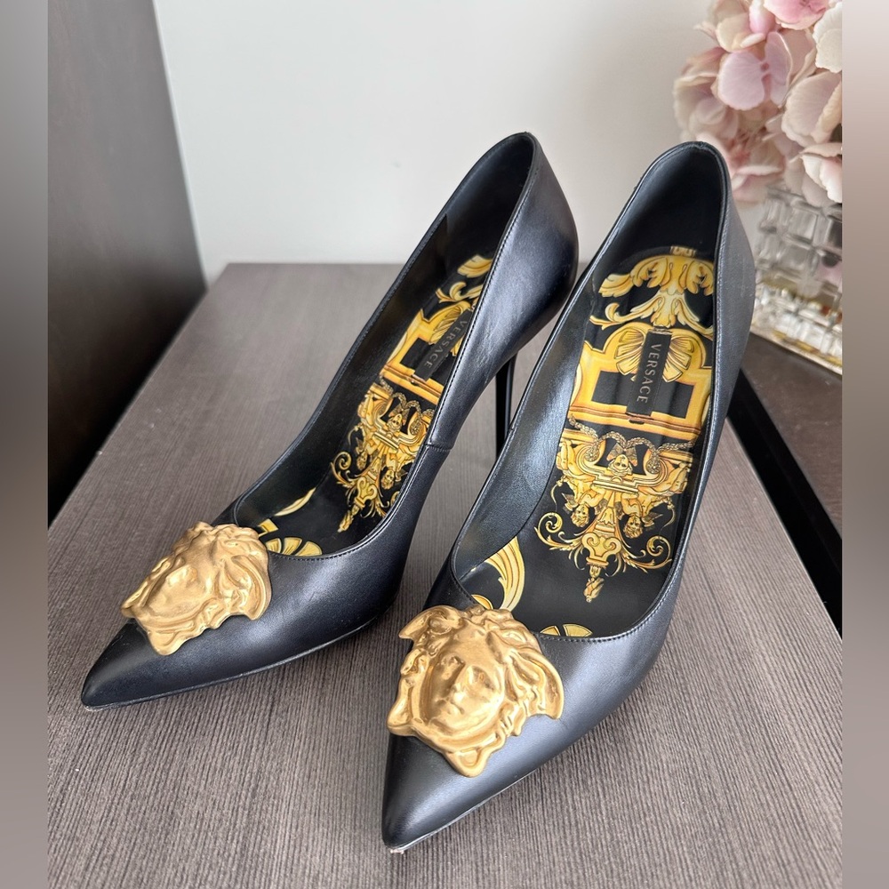 Versace Black Heels with Gold Medusa Accent